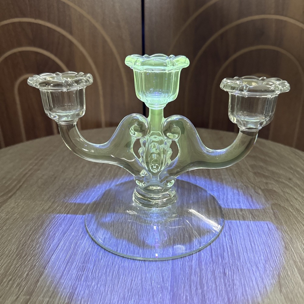 Cambridge Glass Wildflower  3 Light Candle Holder Clear Glass base Vintage